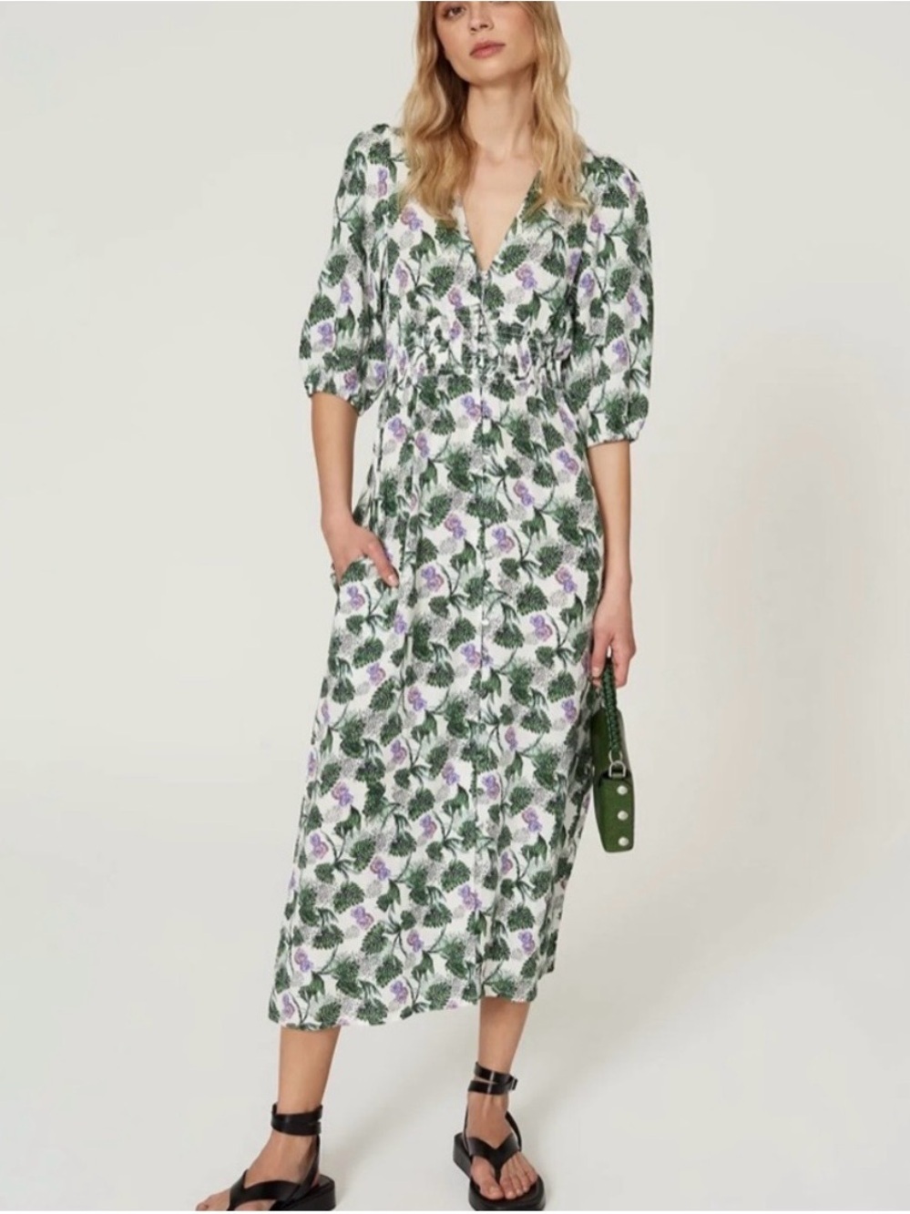 Maje Romantica Printed Linen Midi Dress Size 36